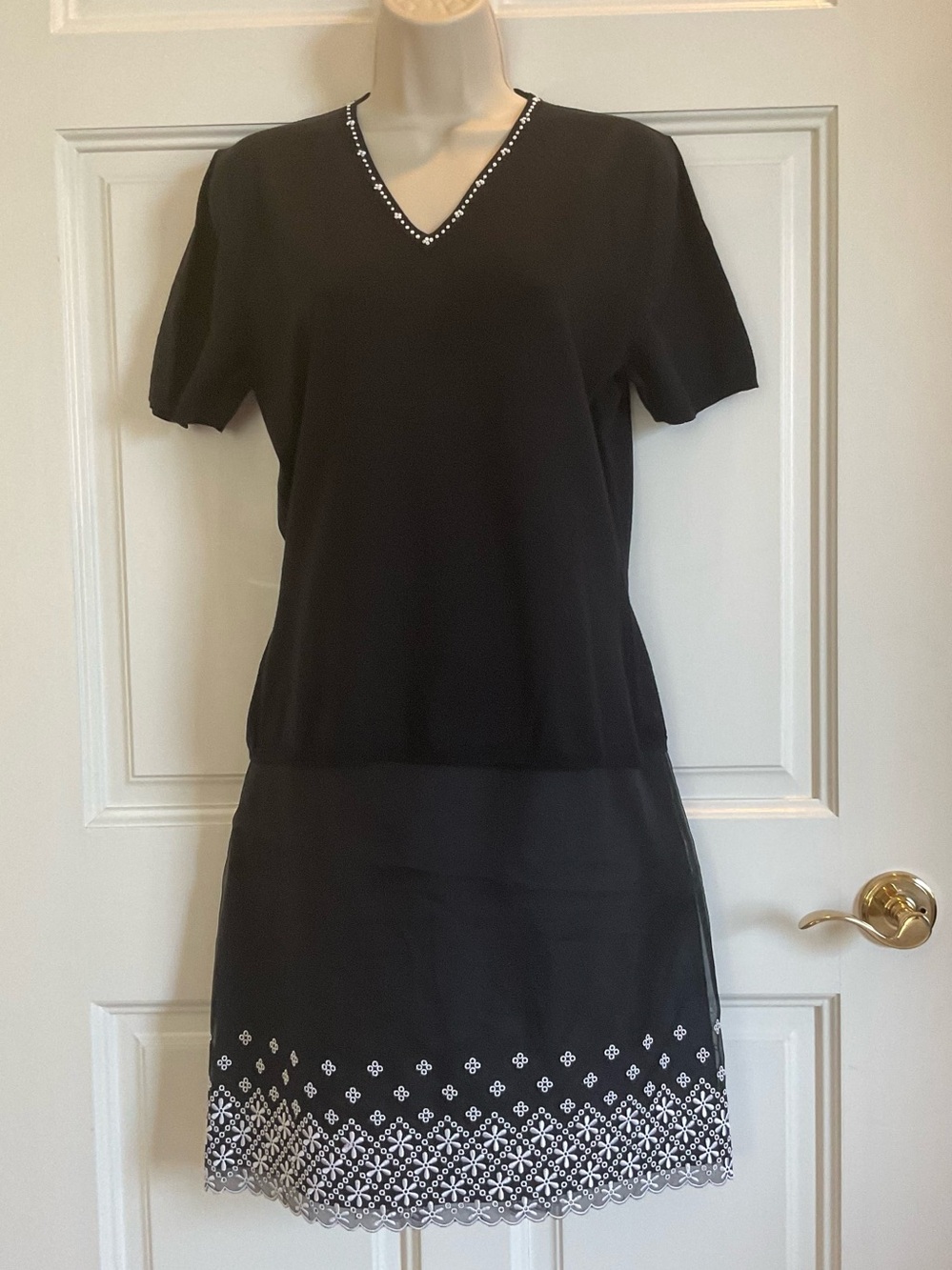 Black V‑Neck Short Sleeve Sweater Skirt Set w/ Embroidered Hem & Beaded Neckline